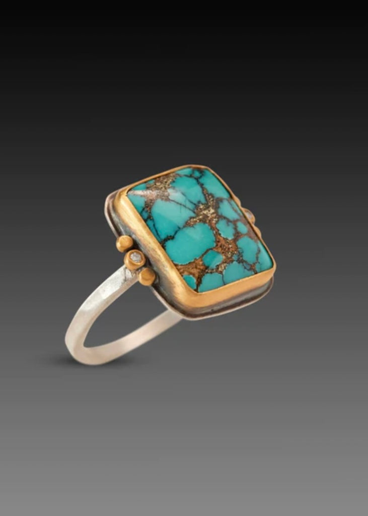 Ananda Khalsa | Rectangular Turquoise Ring, 22k Bezel, 2 Diamonds