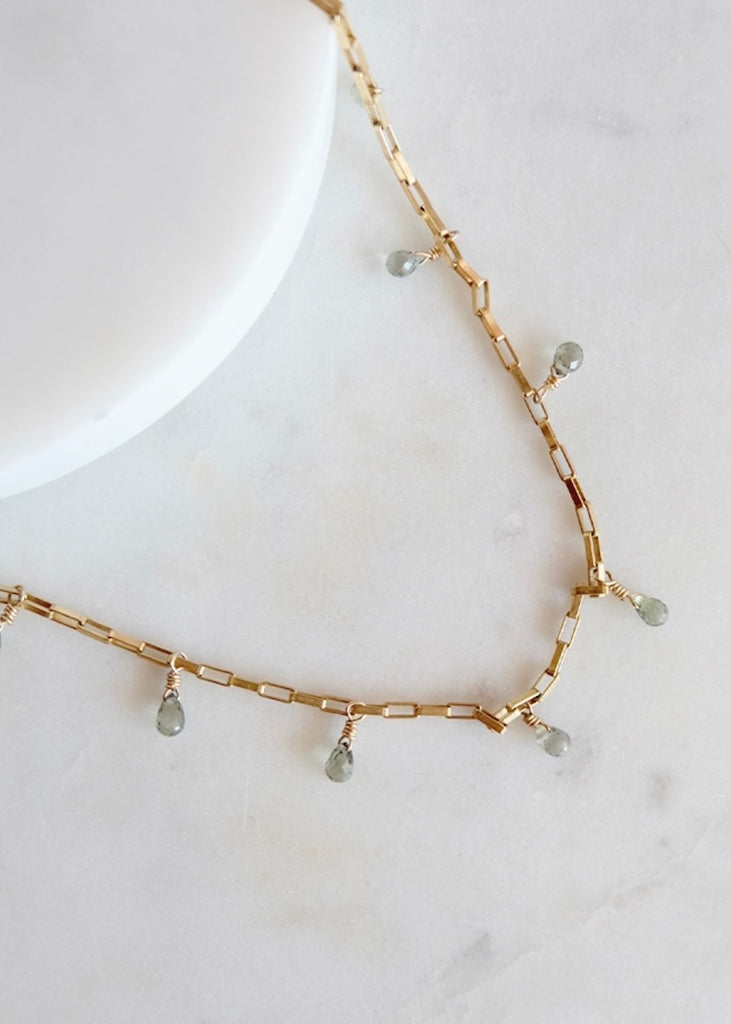 14k Gold Paperclip Green Sapphire Necklace