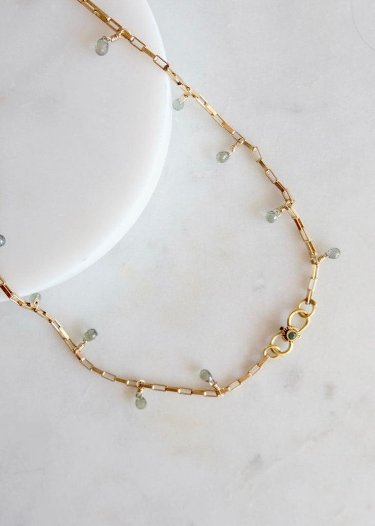 14k Gold Paperclip Green Sapphire Necklace