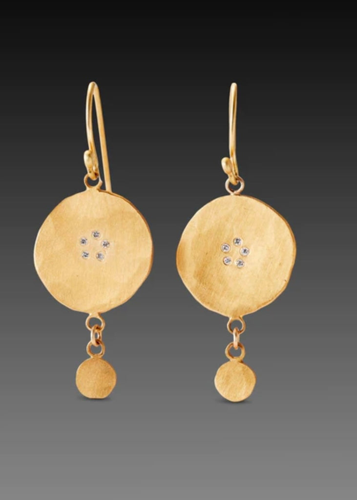 Ananda Khalsa | 22k Gold Hammered Gold Disk Drop Earrings with Diamond Circle