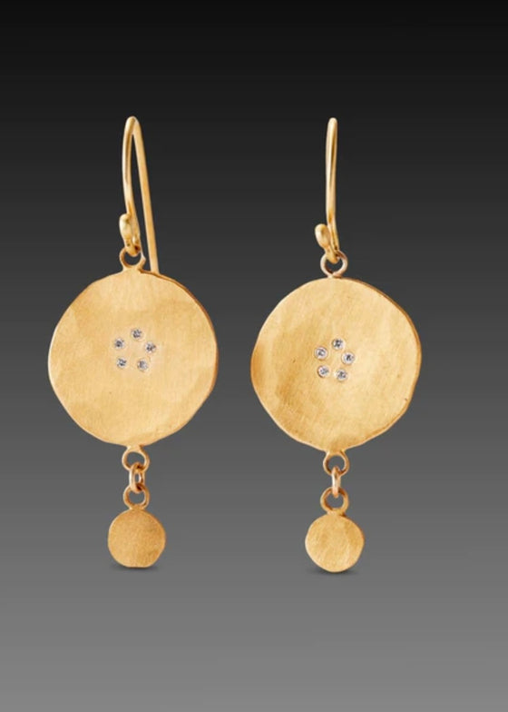 Ananda Khalsa | 22k Gold Hammered Gold Disk Drop Earrings with Diamond Circle
