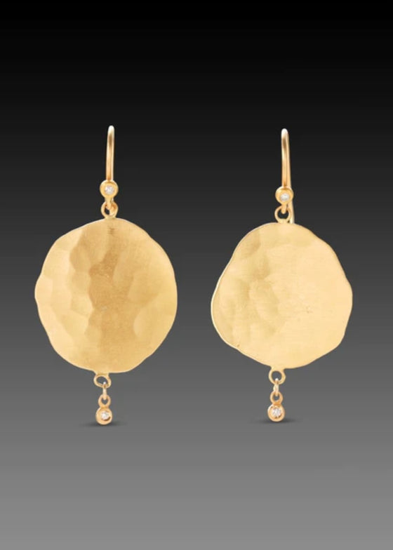 Ananda Khalsa | 22k Gold Hammered Gold Disk Drop Earrings with Diamond Drop