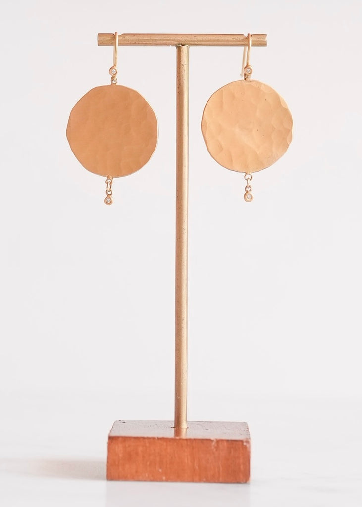 Ananda Khalsa | 22k Hammered Gold Disk Drop Earring with Diamond Drop