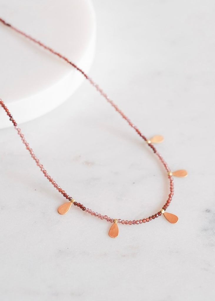 Ananda Khalsa | Beaded Ombre Garnet Necklace, Hammered 22k Teardrops