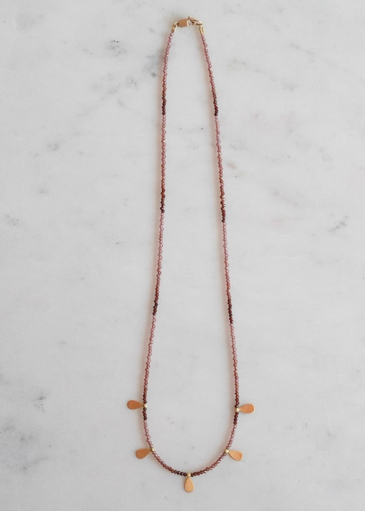 Ananda Khalsa | Beaded Ombre Garnet Necklace, Hammered 22k Teardrops