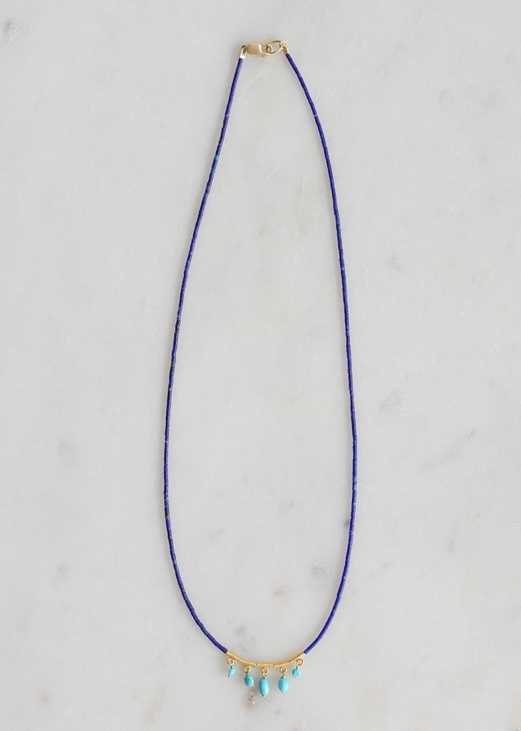 Ananda Khalsa | Lapis Necklace with 20k Gold Beads + Turquoise Fringe