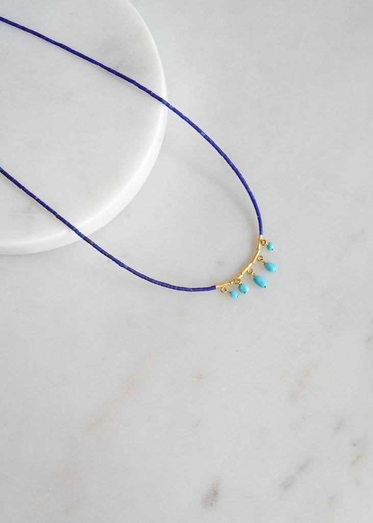 Ananda Khalsa | Lapis Necklace with 20k Gold Beads + Turquoise Fringe