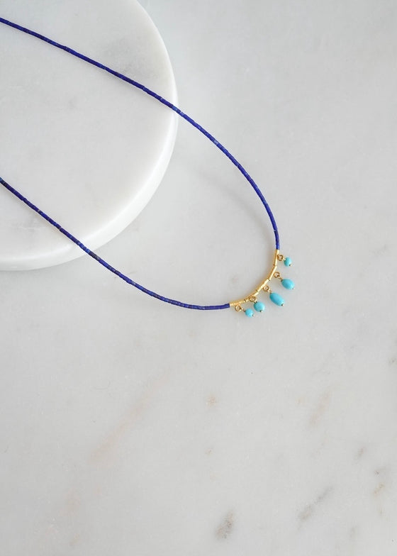 Ananda Khalsa | Lapis Necklace with 20k Gold Beads + Turquoise Fringe