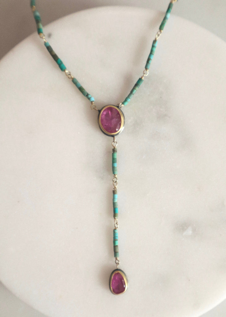 Ananda Khalsa | Linked Beaded Turquoise + Ruby Necklace