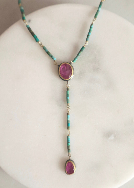 Ananda Khalsa | Linked Beaded Turquoise + Ruby Necklace