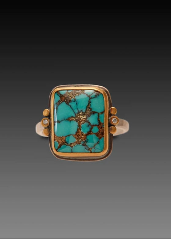Ananda Khalsa | Rectangular Turquoise Ring, 22k Bezel, 2 Diamonds