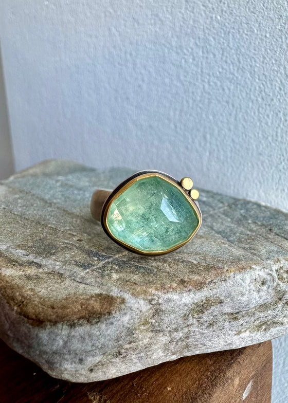 Ananda Khalsa | Rosecut Blue-Green Beryl + 22k Ring