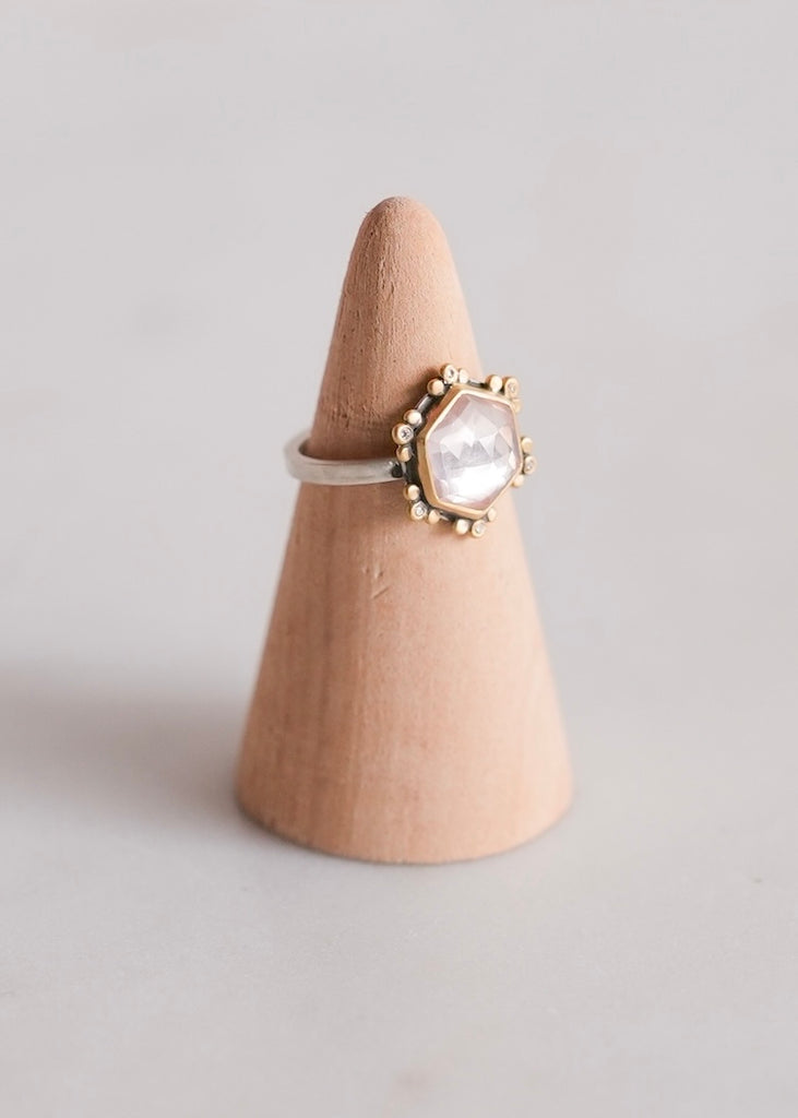 Ananda Khalsa | Rosecut Hexagon Rose Quartz + Diamond Ring