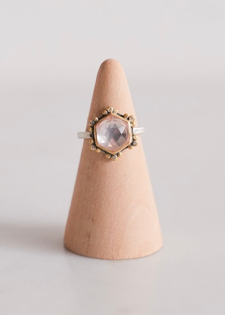 Ananda Khalsa | Rosecut Hexagon Rose Quartz + Diamond Ring