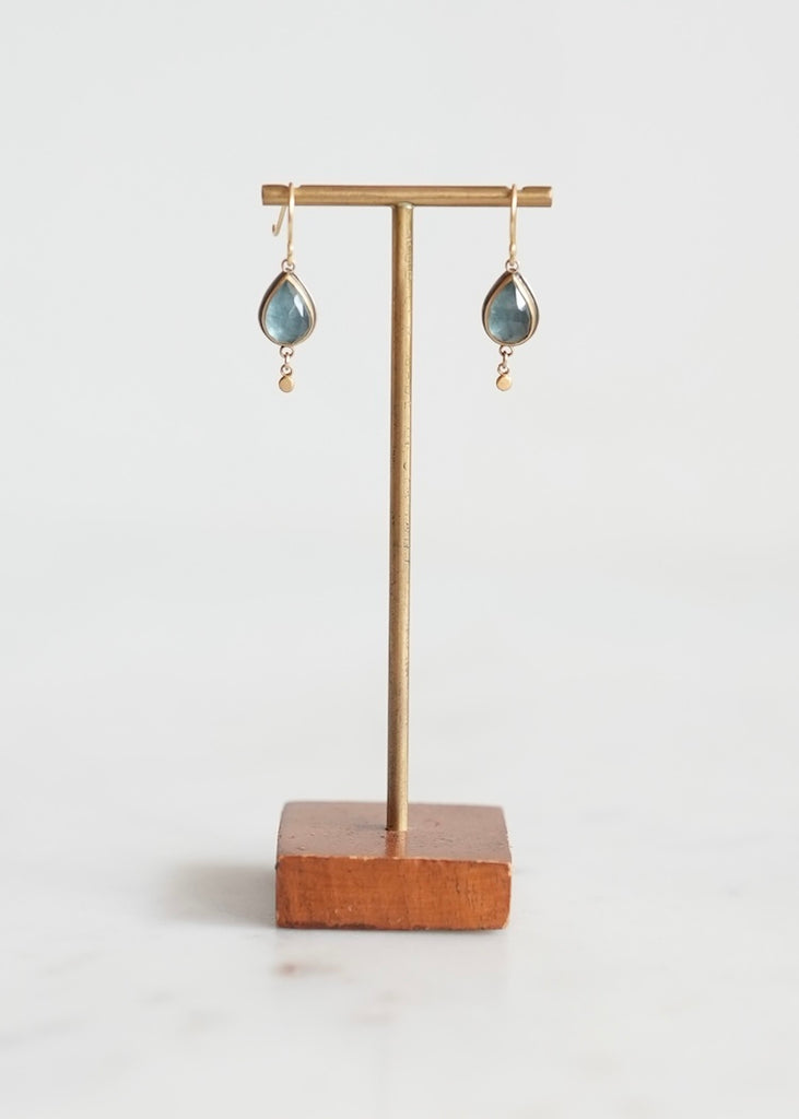 Ananda Khalsa | Rosecut Moss Aquamarine Drop Earring w/ 22k Gold Trios