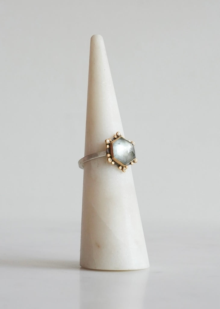 Ananda Khalsa | Rosecut Moss Aquamarine Star Ring w/ Diamond + 22k