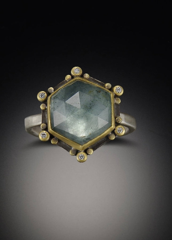 Ananda Khalsa | Rosecut Moss Aquamarine Star Ring w/ Diamond + 22k