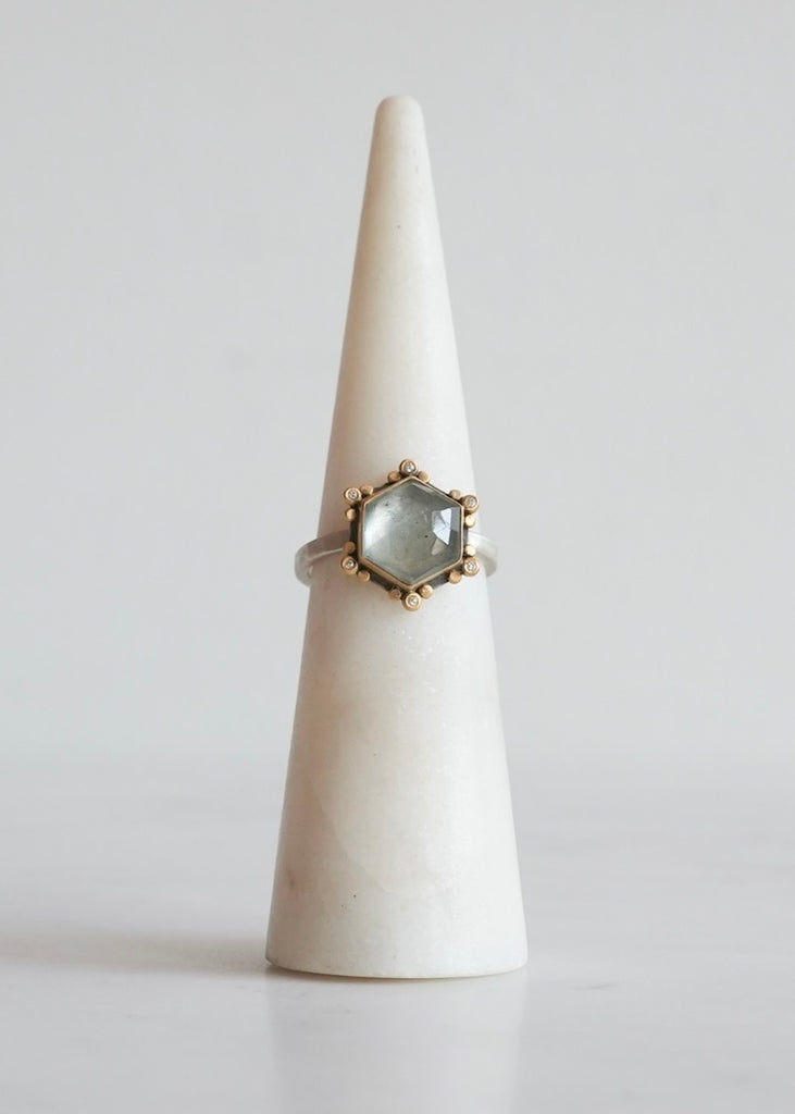 Ananda Khalsa | Rosecut Moss Aquamarine Star Ring w/ Diamond + 22k