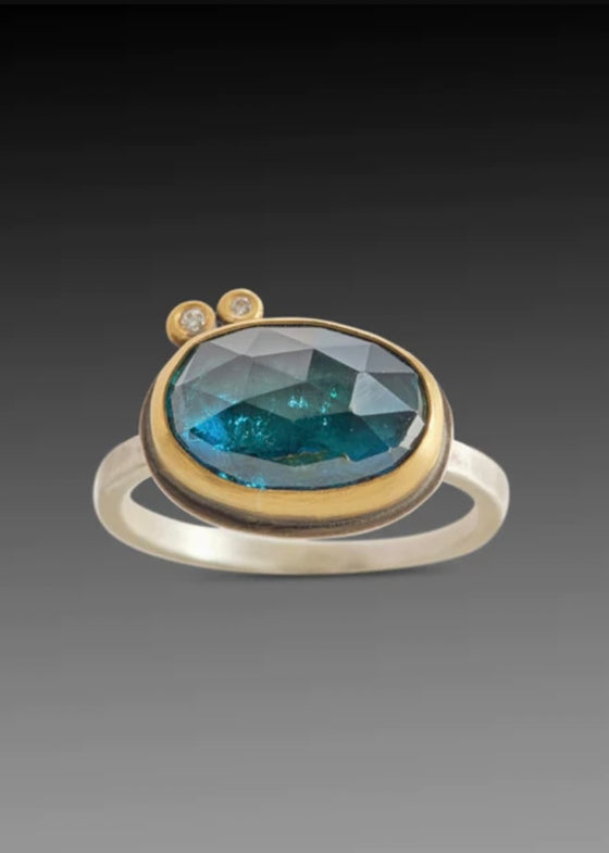 Ananda Khalsa | Rosecut Oval Blue Tourmaline Ring With 22k Gold Bezel and 2 Diamonds