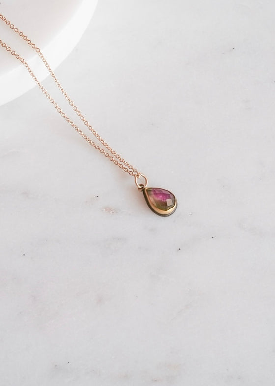 Ananda Khalsa | Rosecut Small Teardrop Watermelon Tourmaline Necklace, 22k Bezel, 14k Chain