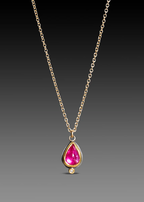Ananda Khalsa | Rosecut Teardrop Ruby Necklace With 22k Gold Bezel and Diamond