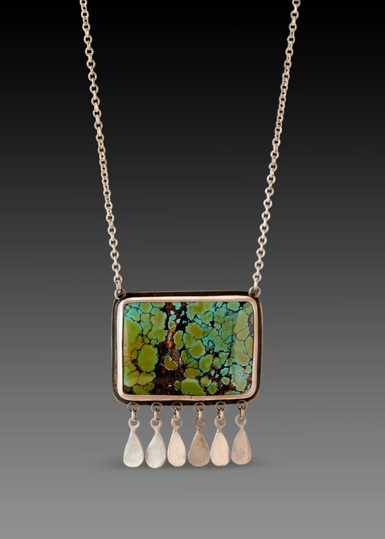 Ananda Khalsa | Turquoise Necklace With Sterling Silver Bezel, Silver Sterling Fringe