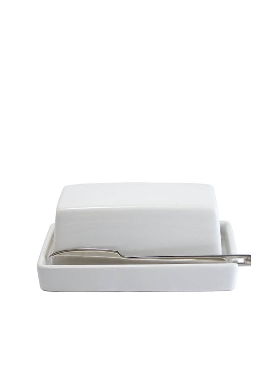 Butter Dish with Stainless Butter Knife | White