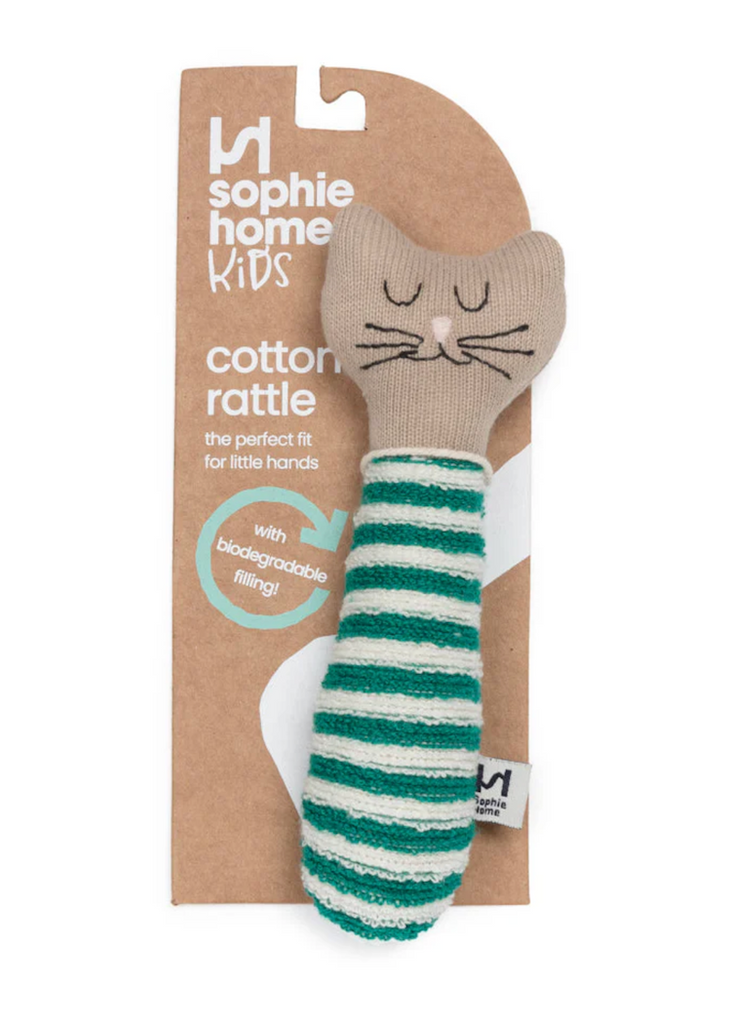 Sophie Home | Cotton Knit Baby Rattle | Green Cat