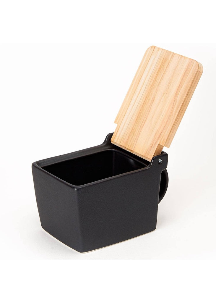 Ceramic Salt Box With Wooden Lid | Black