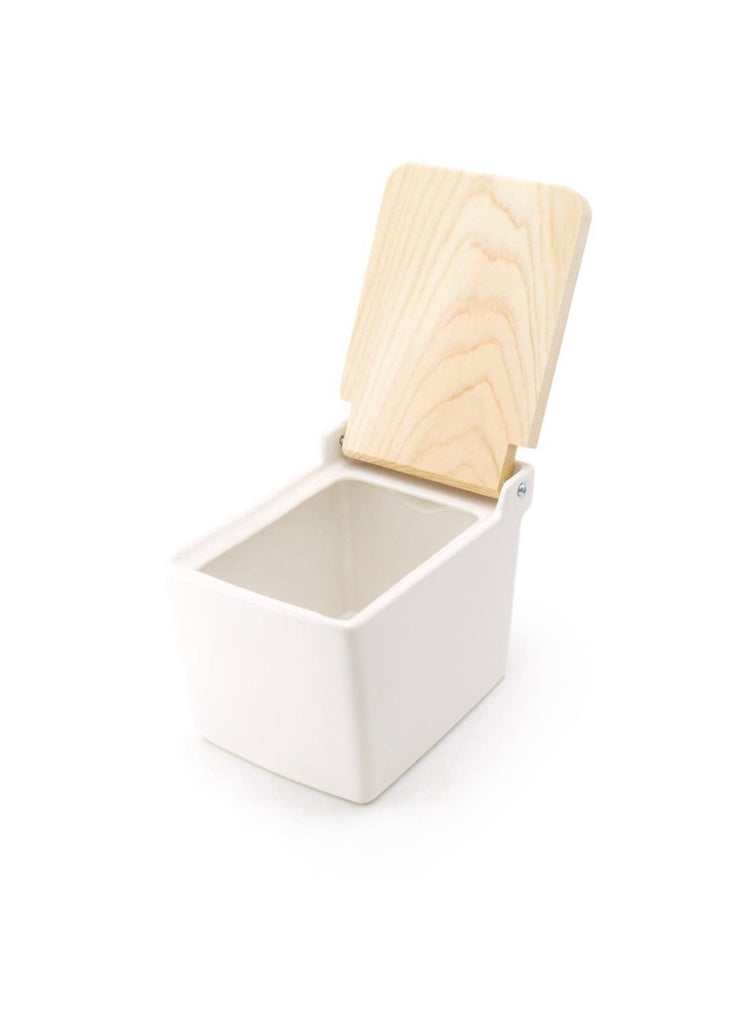 Ceramic Salt Box With Wooden Lid | White