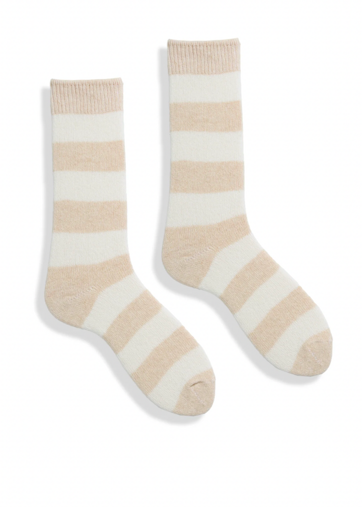 Rugby Stripe Wool Cashmere Crew Socks Creme