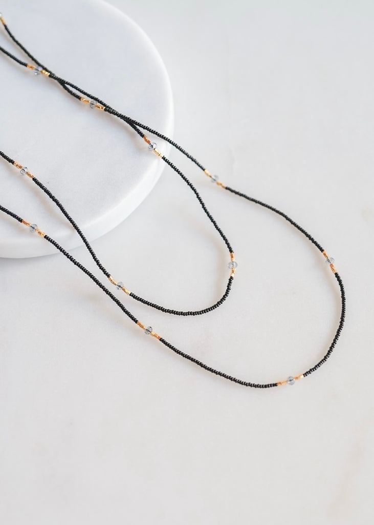 Debbie Fisher | Black Seed, Gold Vermeil + Grey Quartz Long Necklace