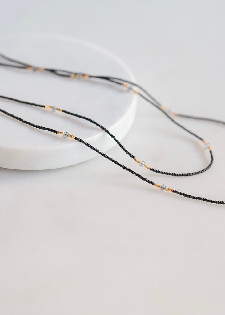 Debbie Fisher | Black Seed, Gold Vermeil + Grey Quartz Long Necklace