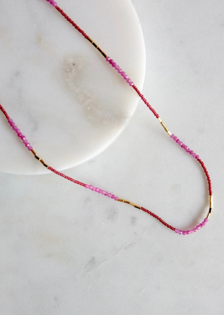 Debbie Fisher | Dark Brown Seed, Ruby + Gold Vermeil Bead Necklace
