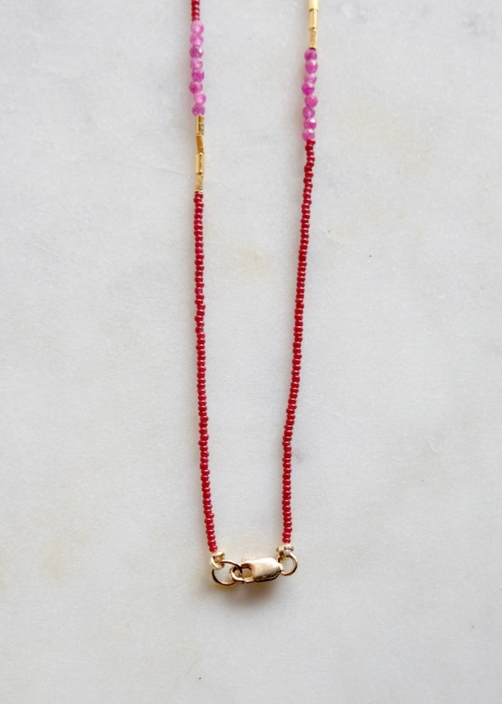 Debbie Fisher | Dark Brown Seed, Ruby + Gold Vermeil Bead Necklace