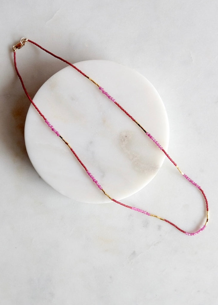 Debbie Fisher | Dark Brown Seed, Ruby + Gold Vermeil Bead Necklace