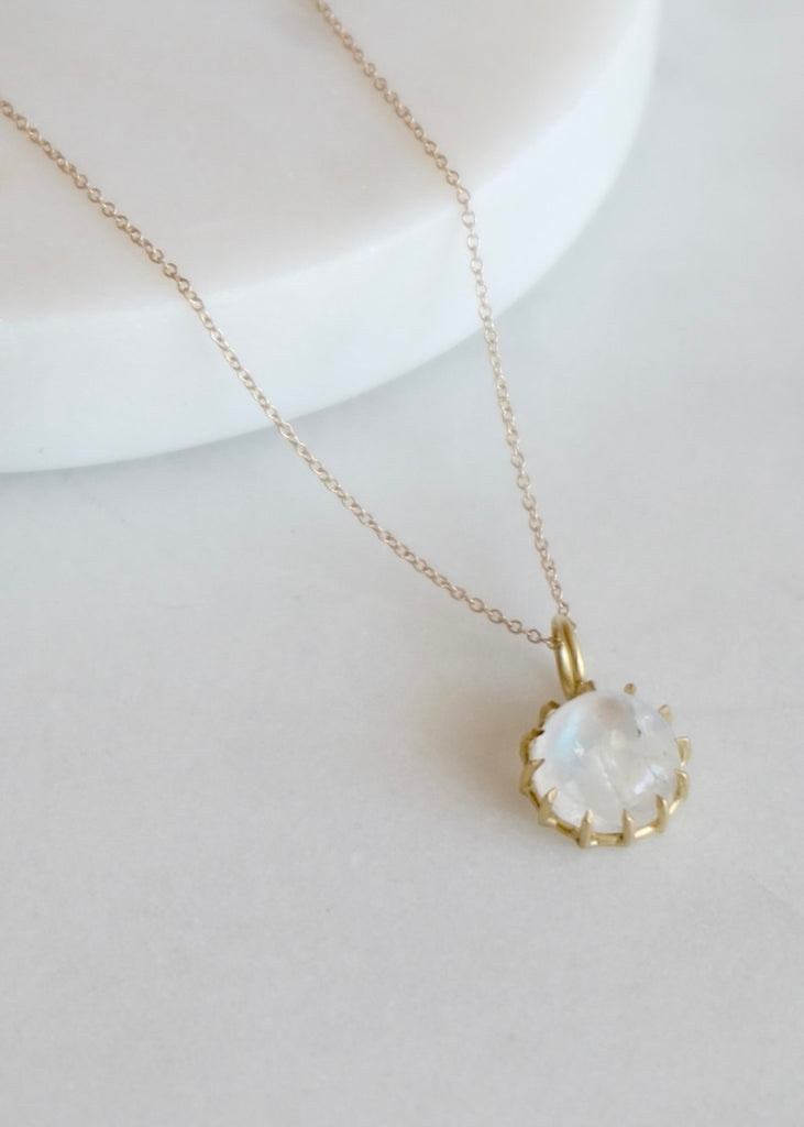 Erin Cuff Jewelry | Petite Round Moonstone Basket Pendant | 18k