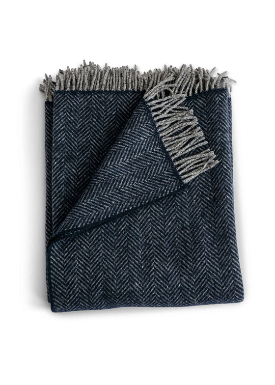 Evangeline Linens | Merino Cashmere Herringbone Throw | Midnight Blue