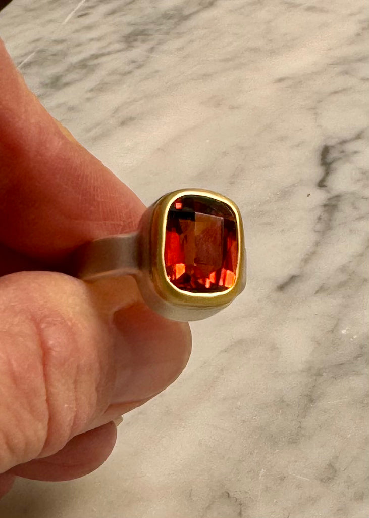 Faceted Cushion Hessonite Garnet Ring