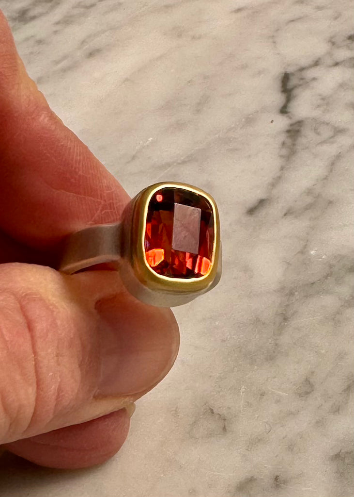 Faceted Cushion Hessonite Garnet Ring
