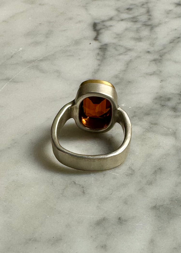 Faceted Cushion Hessonite Garnet Ring