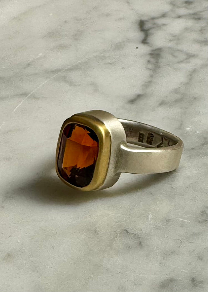 Faceted Cushion Hessonite Garnet Ring