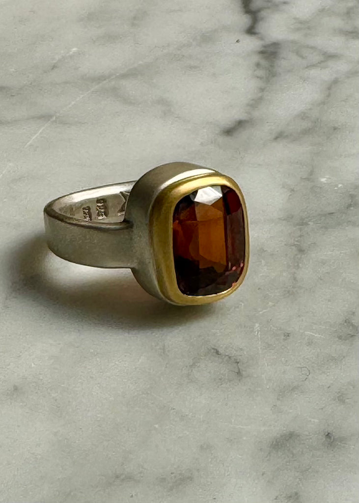 Faceted Cushion Hessonite Garnet Ring