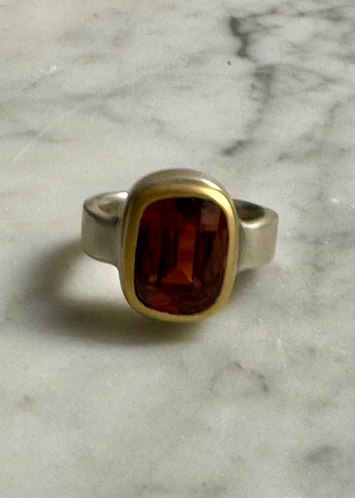Faceted Cushion Hessonite Garnet Ring