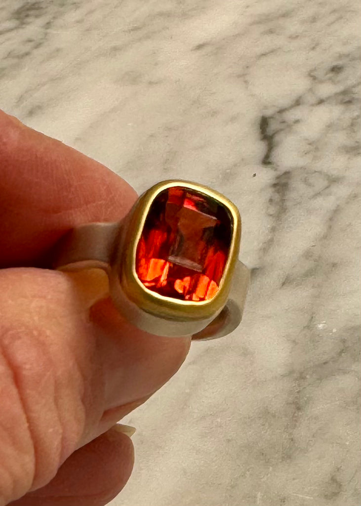 Faceted Cushion Hessonite Garnet Ring