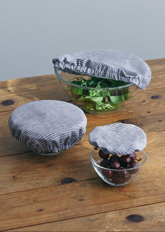 Fog Linen Work | Linen Bowl Cover | Grey + White Stripe