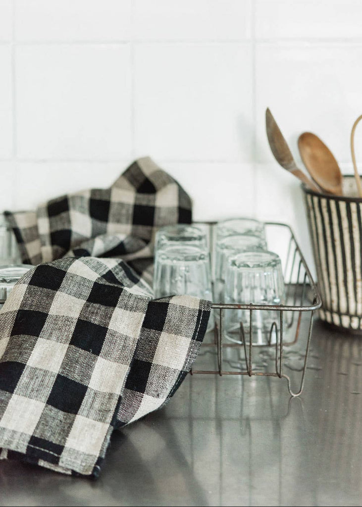Fog Linen Work | Thick Linen Kitchen Cloth Black Natural Check