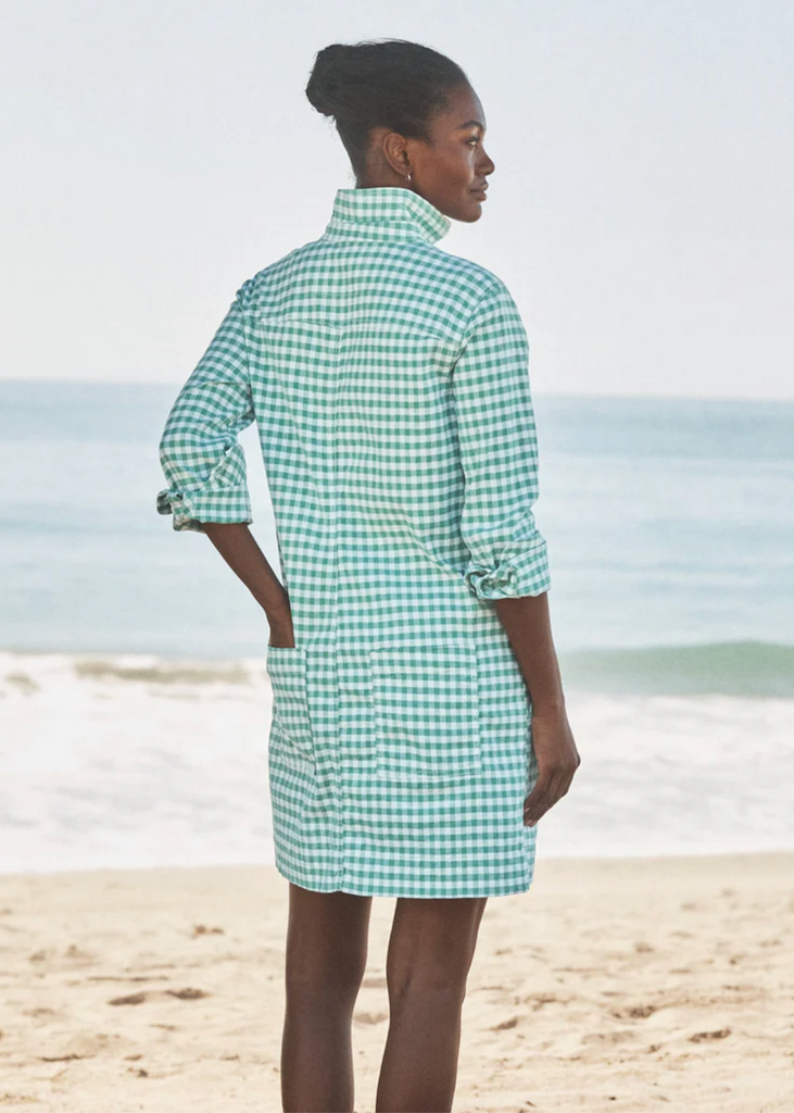 Frank & Eileen | Long Sleeve Playsuit Dress | Italian Performance Linen | Green Check