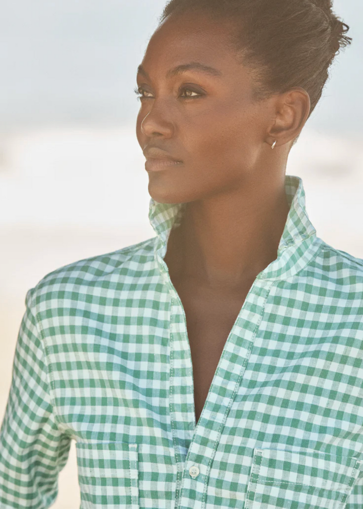 Frank & Eileen | Long Sleeve Playsuit Dress | Italian Performance Linen | Green Check