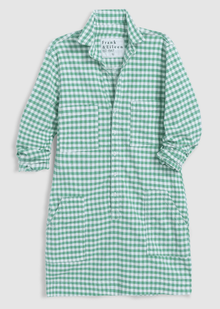 Frank & Eileen | Long Sleeve Playsuit Dress | Italian Performance Linen | Green Check